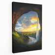 Stretched canvas artwork depicting a vibrant landscape with intricate cave formations, showcasing rich colors and textures, perfect for modern home decor.