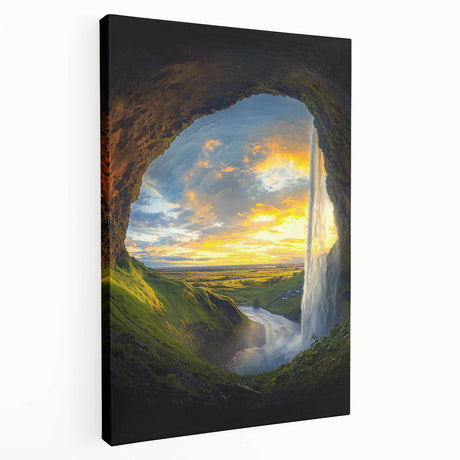 Stretched canvas artwork depicting a vibrant landscape with intricate cave formations, showcasing rich colors and textures, perfect for modern home decor.