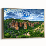 Framed canvas artwork depicting a dramatic cliff landscape with vibrant colors, gold accents, and a modern side view, perfect for enhancing home decor.