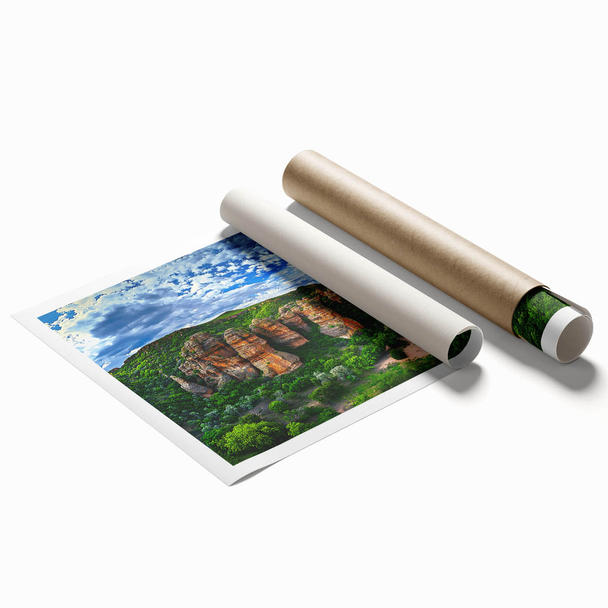 Stunning rolled print of a dramatic cliff landscape, showcasing vibrant colors and intricate textures, perfect for home decor or office art display.