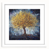 Framed Dining Room Prints – Vibrant Golden Tree on Dark Blue