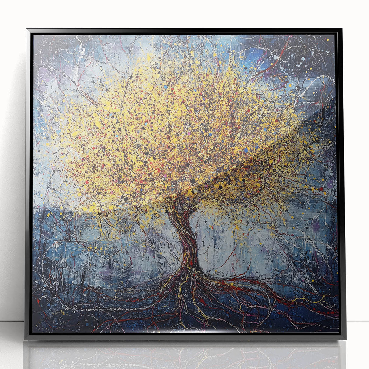 Framed Dining Room Prints – Vibrant Golden Tree on Dark Blue