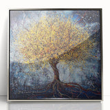 Framed Dining Room Prints – Vibrant Golden Tree on Dark Blue