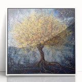 Framed Dining Room Prints – Vibrant Golden Tree on Dark Blue