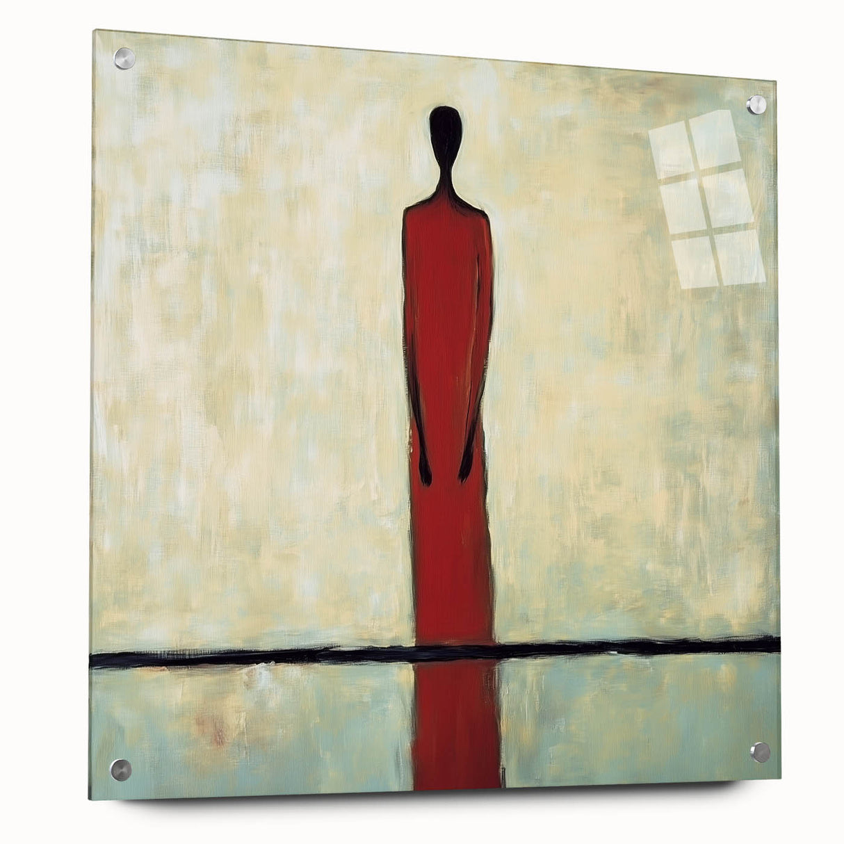Abstract figurative acrylic artwork displayed in a glass frame, showcasing vibrant colors and intricate designs, complemented by decorative pins, ideal for modern decor.