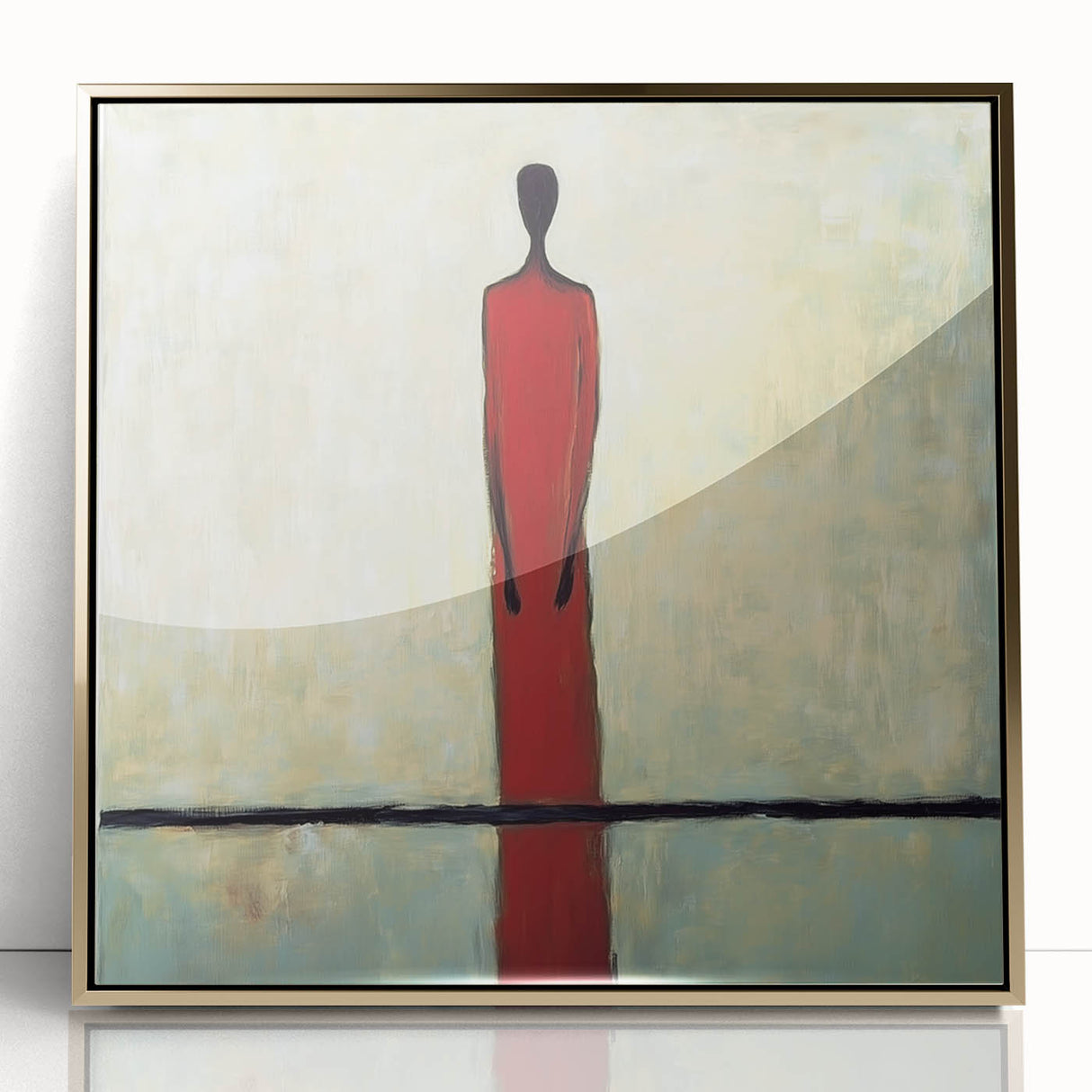 Framed abstract figurative art piece featuring gold accents on a sleek acrylic surface, set against a minimalist backdrop, ideal for modern decor.