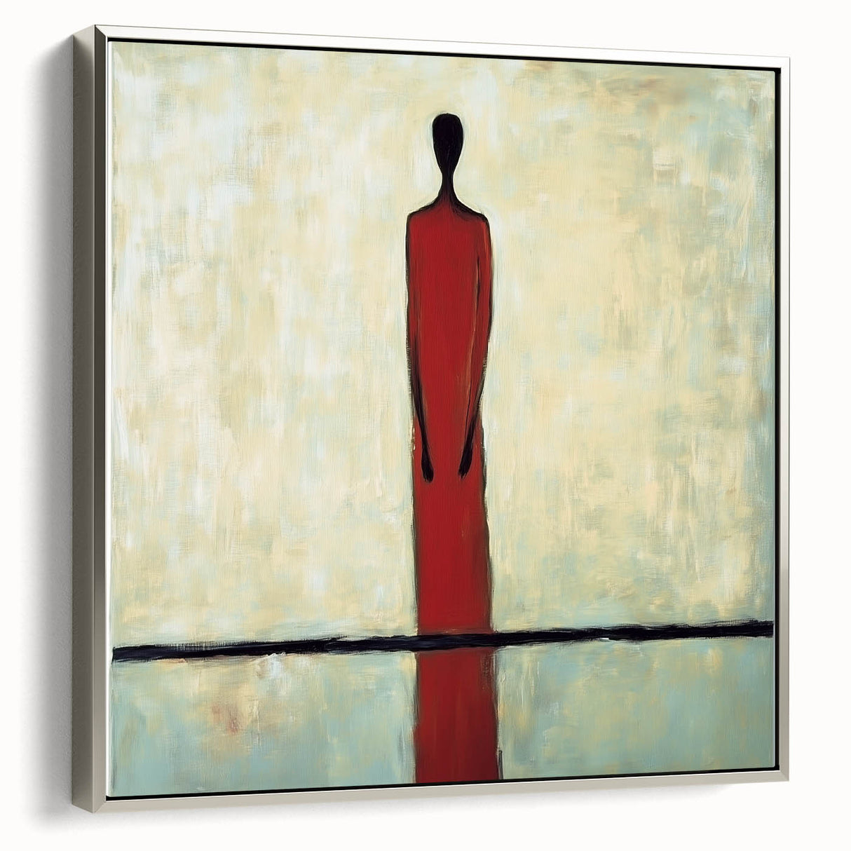 Abstract figurative framed canvas artwork in silver, showcasing fluid shapes and dynamic colors, ideal for modern home decor. Perfect for enhancing artistic spaces.