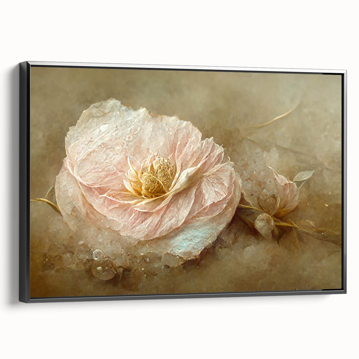 Framed canvas wall art showcasing abstract floral designs in vibrant colors, displayed from a black side view, ideal for modern home decor.