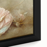 Close-up of a framed canvas featuring vibrant abstract floral wall art with intricate designs in shades of pink, blue, and gold, ideal for modern home decor.