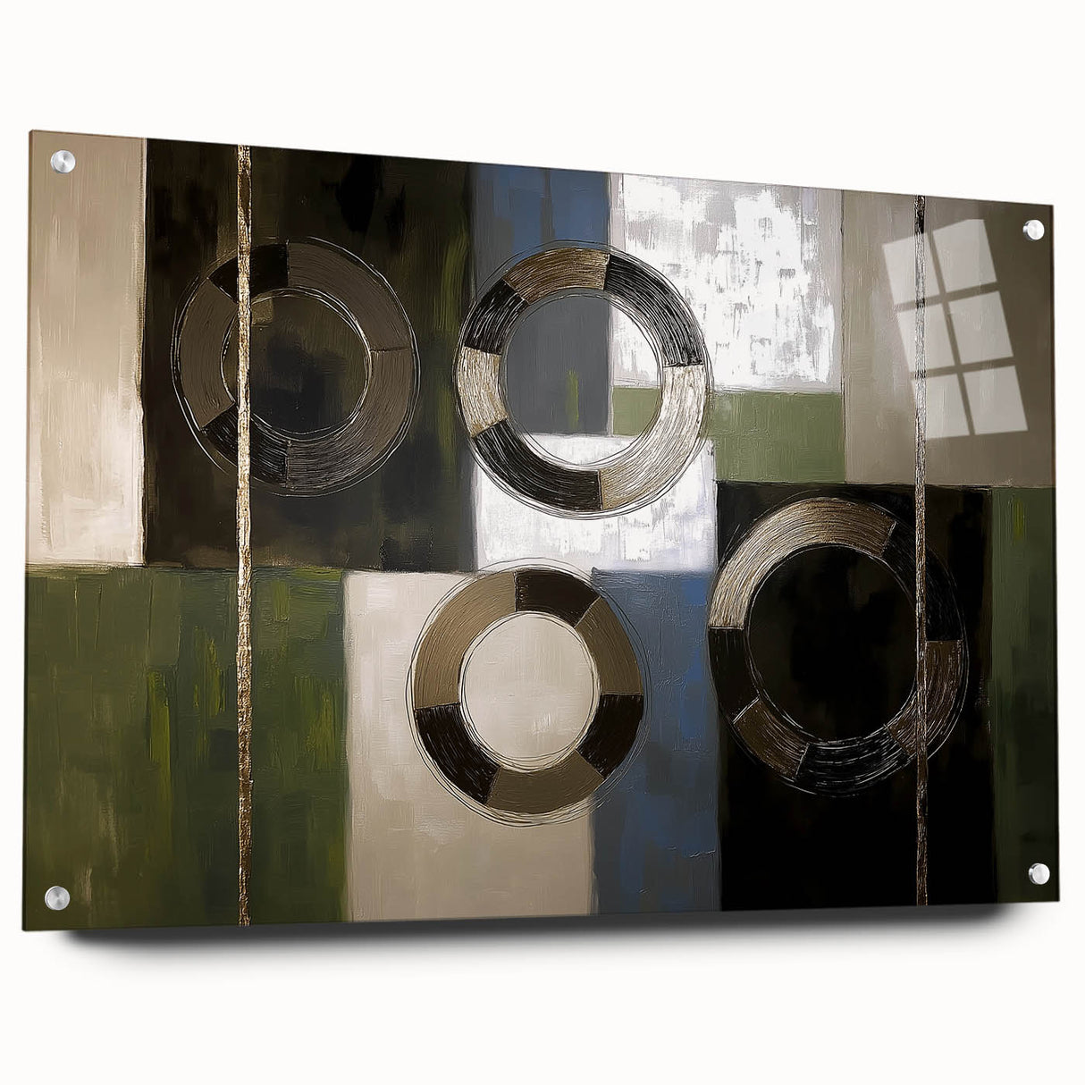 Abstract geometric acrylic glass art piece showcasing vibrant colors and intricate patterns, displayed from a side view with visible mounting pins for easy installation.