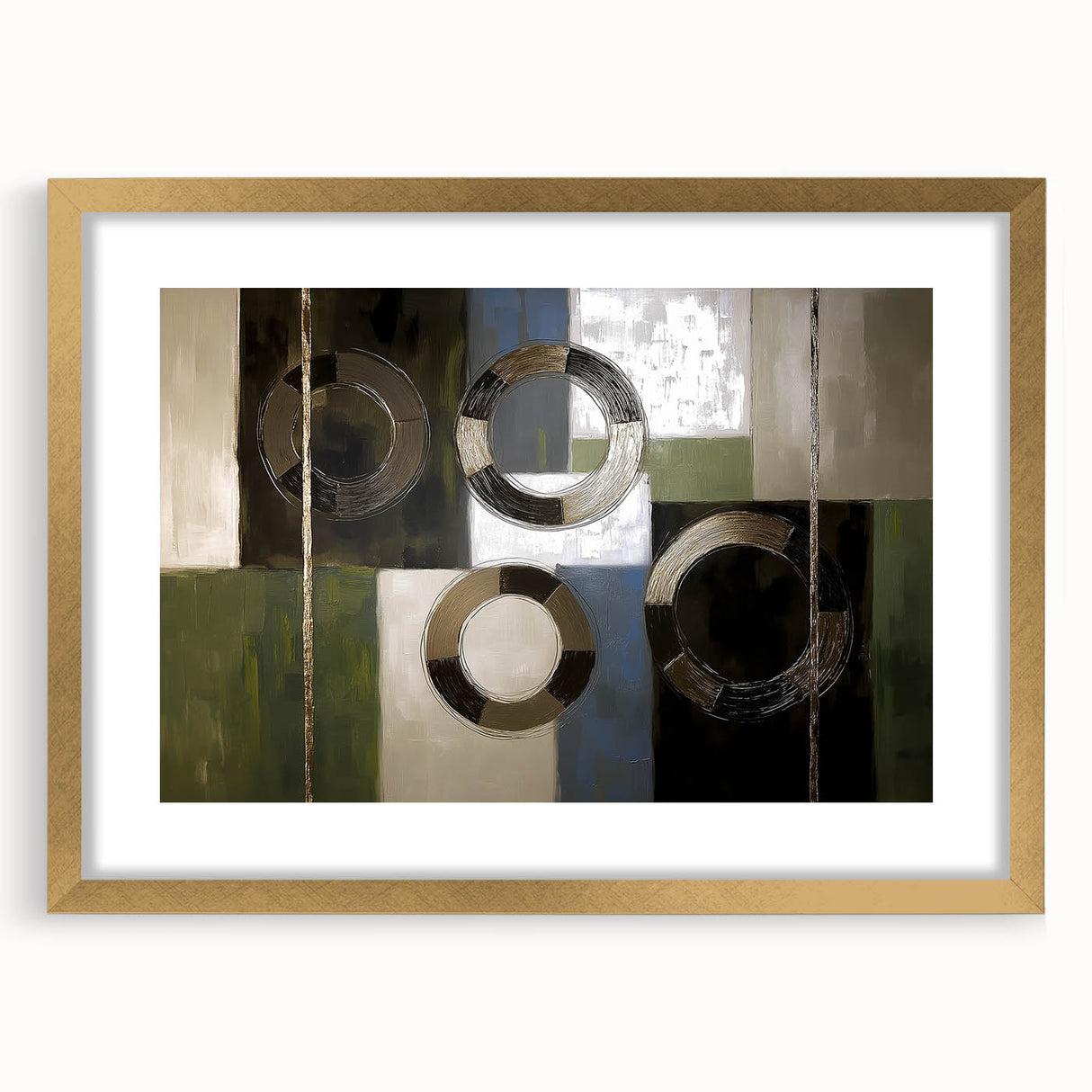 Geometric gold frame with a matte finish, showcasing an abstract design, perfect for modern decor. Ideal for stylish home or office settings.