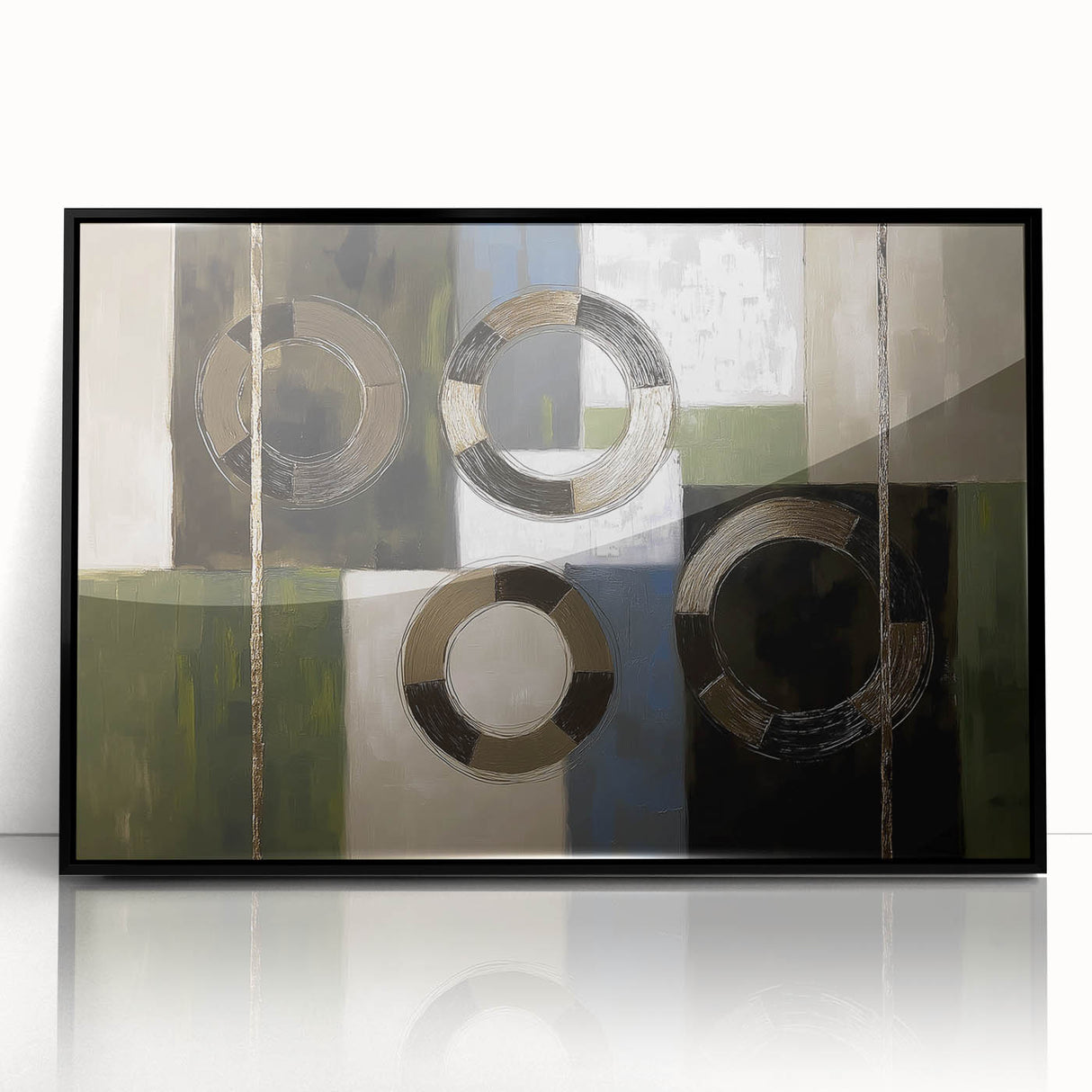 Abstract geometric framed acrylic artwork with a sleek black border, showcasing vibrant shapes and colors that enhance modern interior decor. Perfect for contemporary art enthusiasts seeking unique home accents.