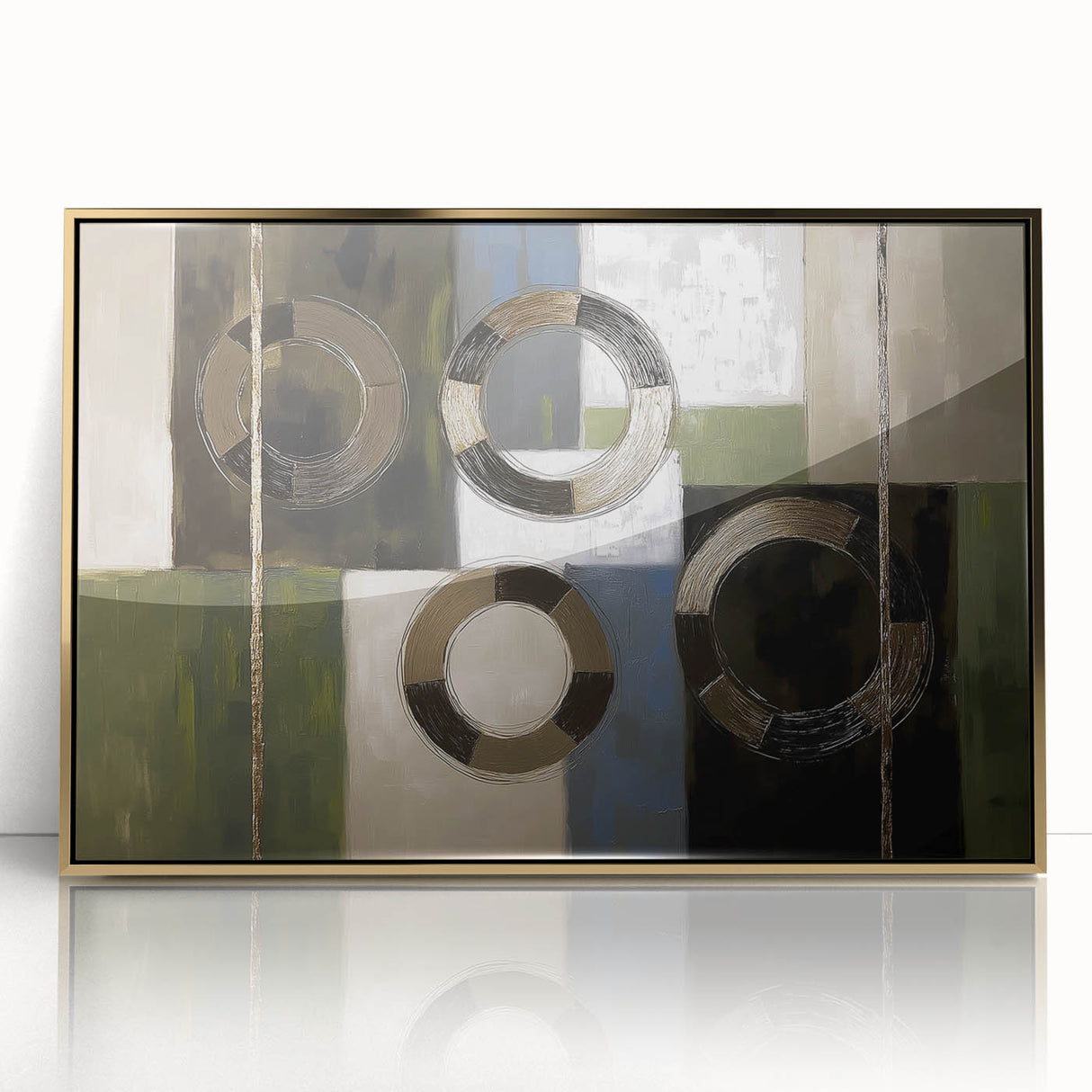Abstract geometric wall art framed in acrylic with gold accents, showcasing a modern design that enhances contemporary decor in living spaces.