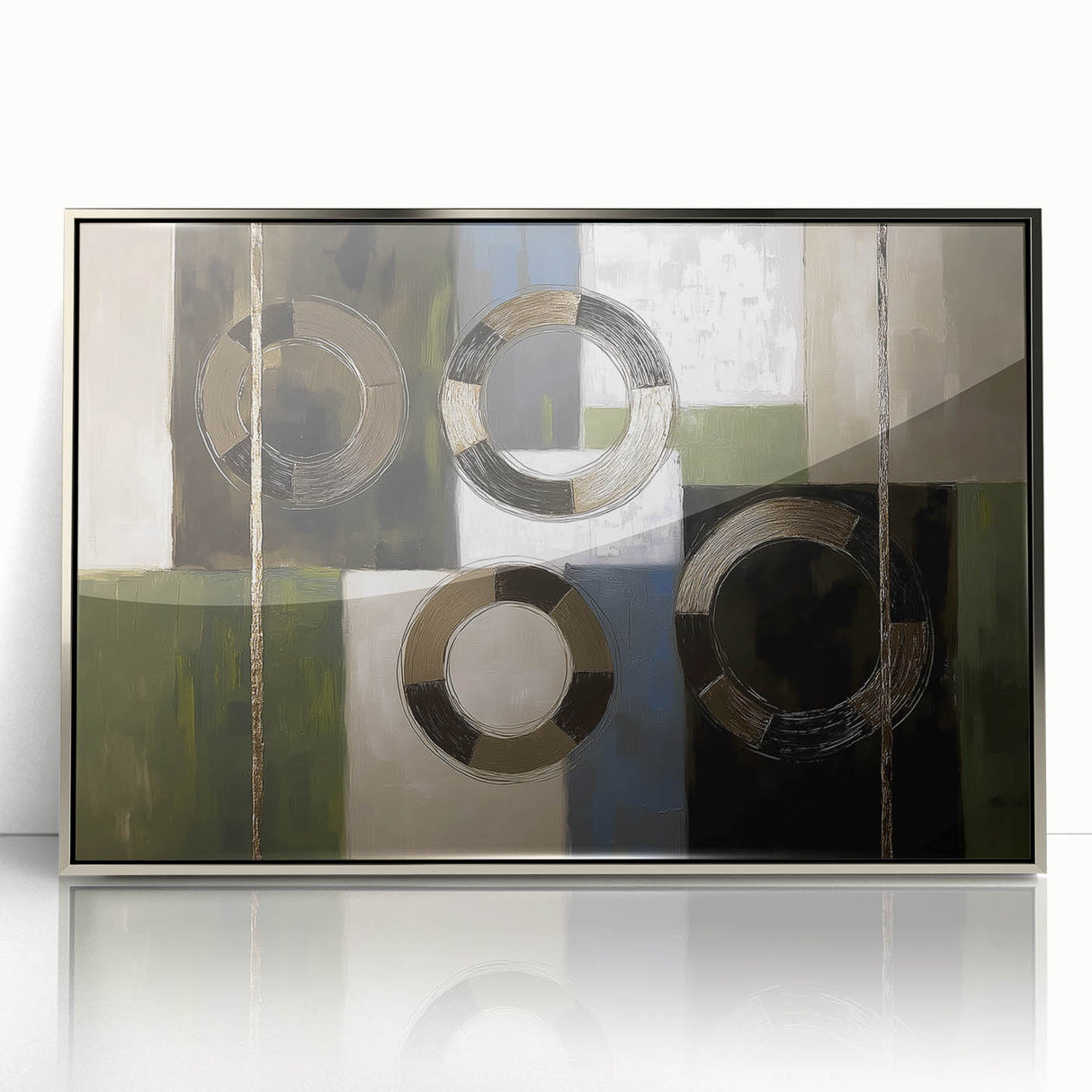 Framed geometric abstract art piece in silver tones, showcasing intricate shapes and patterns, perfect for modern home decor or office spaces.