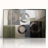 Framed geometric abstract art piece in silver tones, showcasing intricate shapes and patterns, perfect for modern home decor or office spaces.
