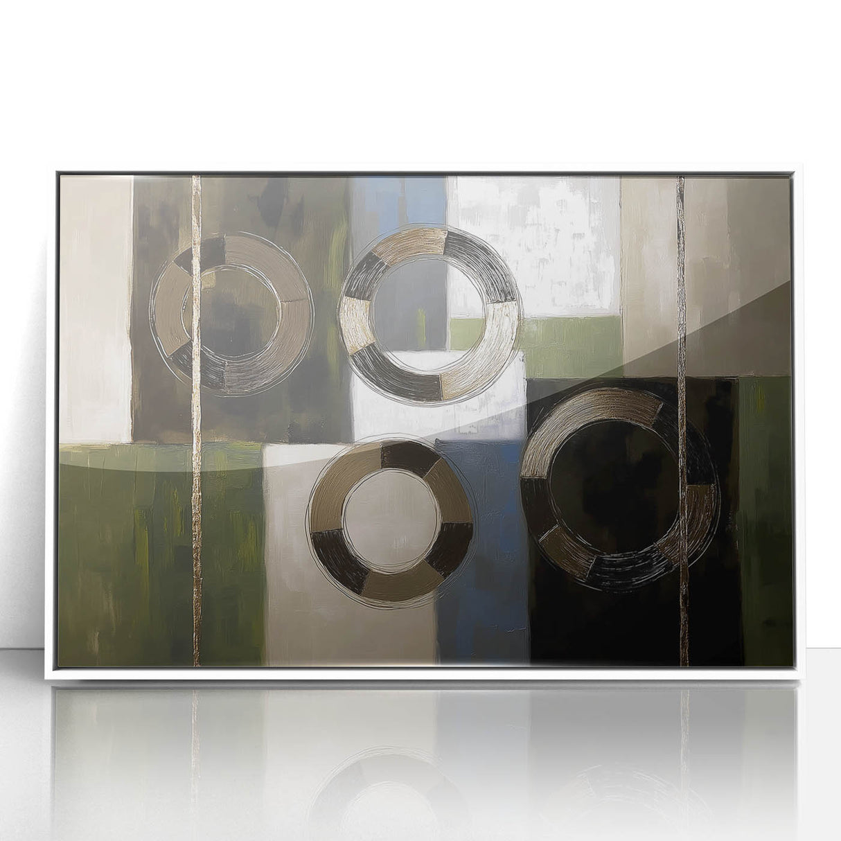 Framed acrylic artwork showcasing an abstract geometric design in white and gray tones, perfect for modern home decor or office spaces, adding a contemporary touch.