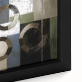 Close-up of a framed geometric abstract canvas art piece showcasing vibrant colors and intricate patterns, perfect for modern home decor and artistic interiors.