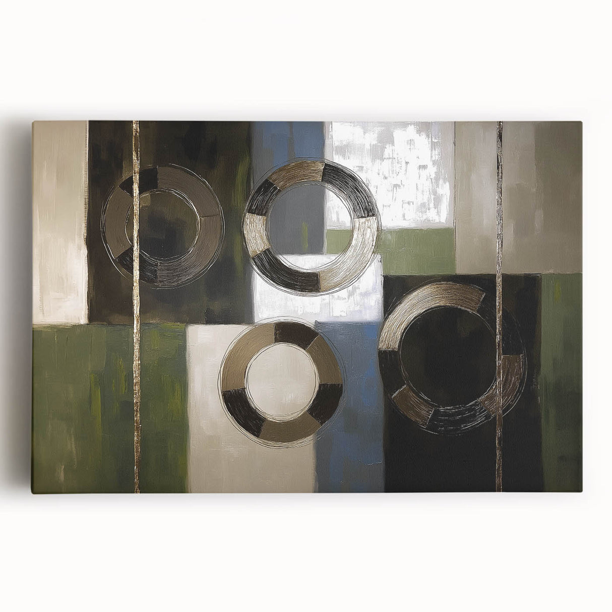 Abstract geometric stretched canvas artwork showcasing vibrant colors and bold shapes, perfect for modern home decor. Ideal for enhancing artistic interiors.
