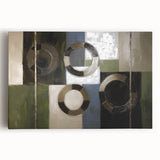 Abstract geometric stretched canvas artwork showcasing vibrant colors and bold shapes, perfect for modern home decor. Ideal for enhancing artistic interiors.