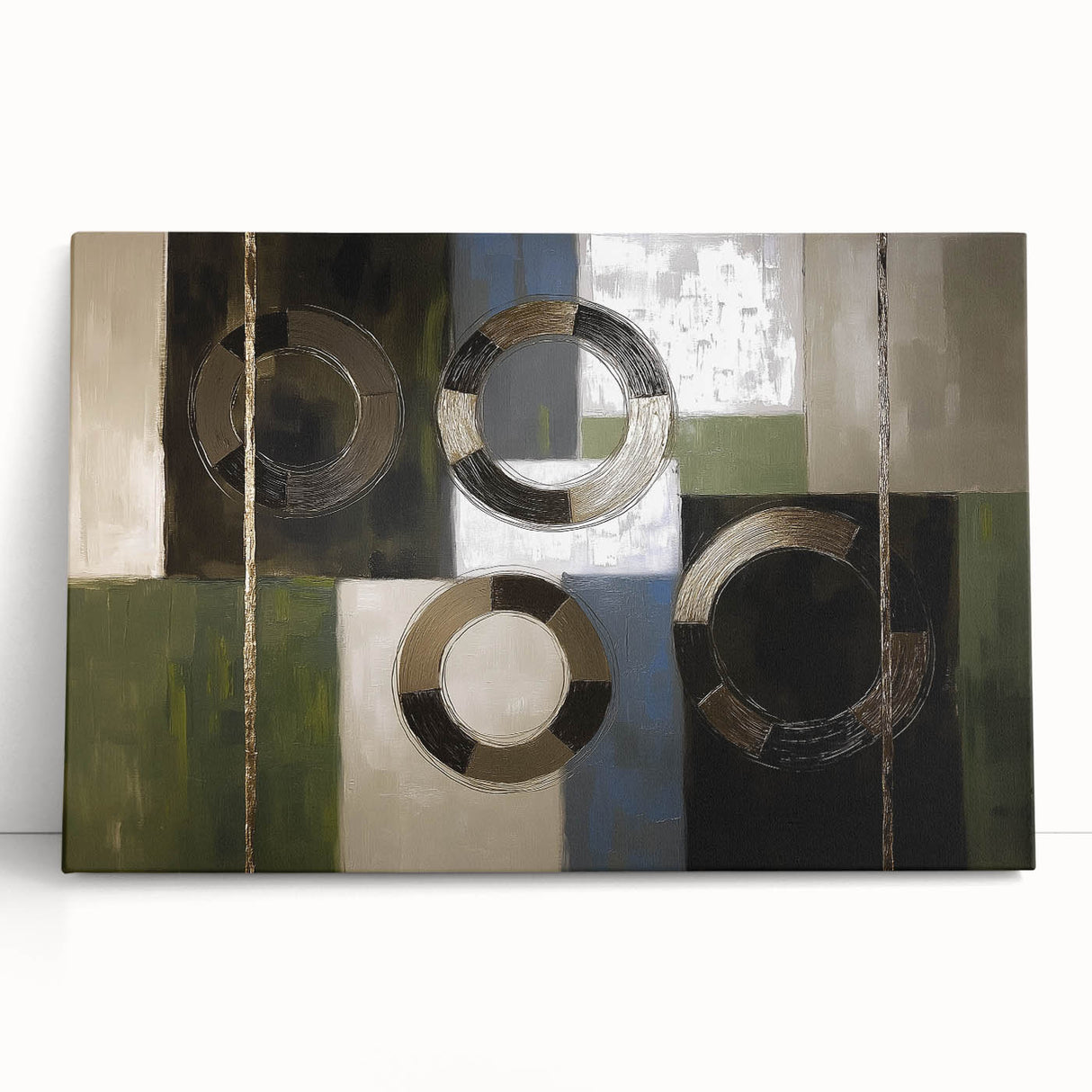 Abstract geometric stretched canvas artwork showcasing vibrant blue, gold, and white patterns, leaning against a neutral-toned wall, perfect for modern decor.