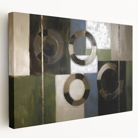 Abstract geometric stretched canvas artwork showcasing vibrant colors and intricate patterns, ideal for modern home decor and artistic wall displays.