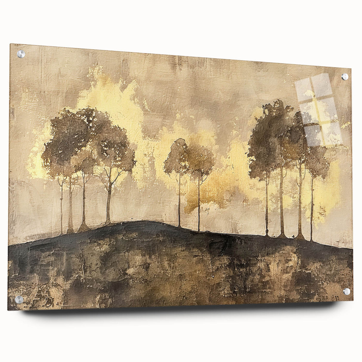 Abstract landscape wall art displayed in acrylic glass with a side view showcasing its vibrant colors and intricate details, secured with stylish pins. Perfect for modern home decor.