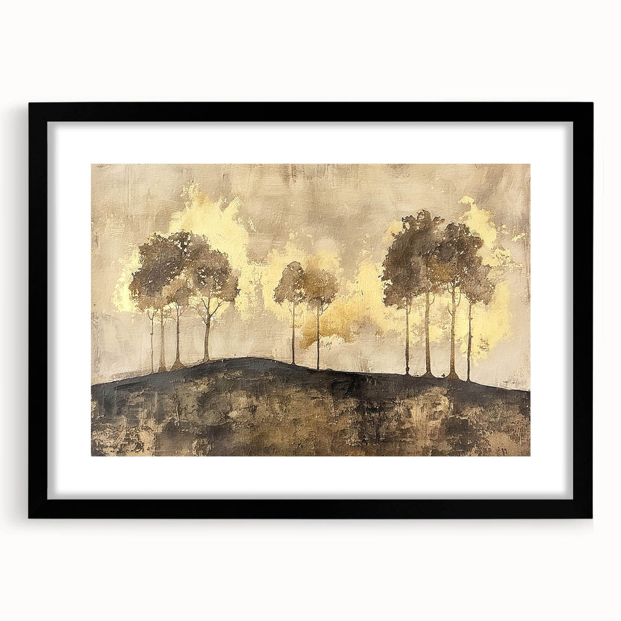 Abstract landscape wall art framed with a black mat, showcasing vibrant colors and dynamic shapes, perfect for modern home decor or office settings.
