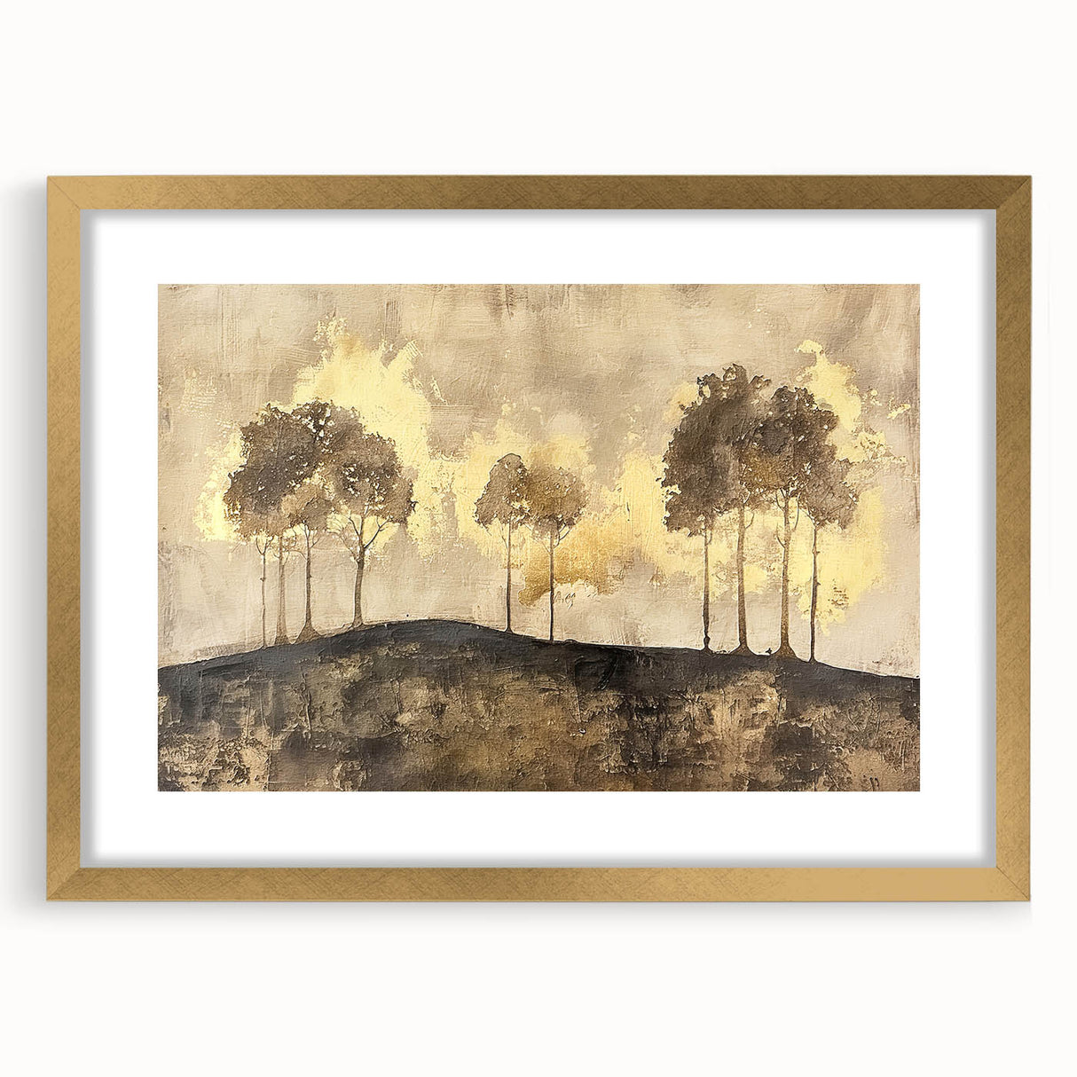 Abstract landscape wall art framed in gold, featuring a serene blend of earthy tones and textures, perfect for modern home decor and artistic ambiance.