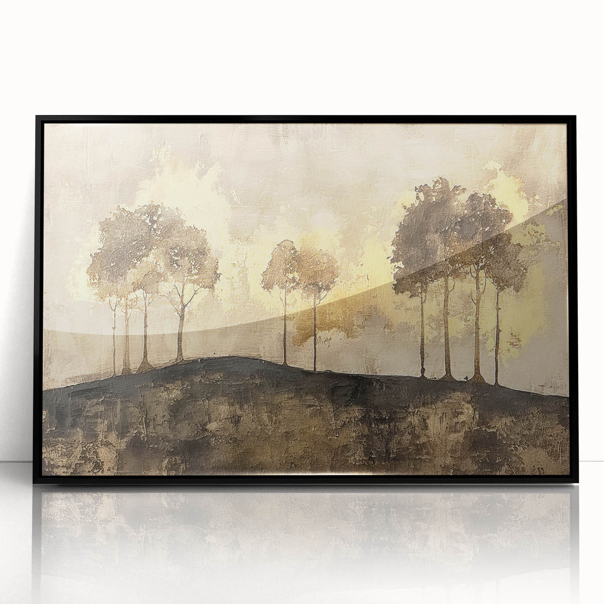 Framed abstract landscape wall art featuring vibrant colors and dynamic shapes, set in a sleek black frame, perfect for modern home decor.