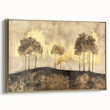 Framed abstract landscape wall art showcasing a gold accent on a textured canvas, designed for modern home decor, viewed from the side, emphasizing its elegant finish.