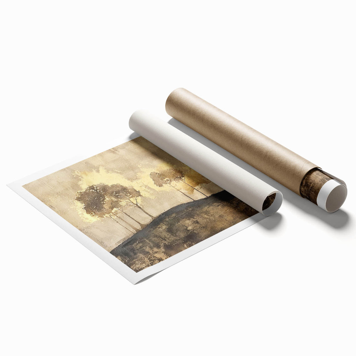 Abstract landscape wall art print showcasing vibrant colors and fluid shapes, rolled and ready for display, perfect for modern home decor.