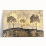 Abstract landscape wall art featuring vibrant colors and fluid shapes, printed on stretched canvas, leaning against a wall in an artistic setting. Ideal for modern decor.