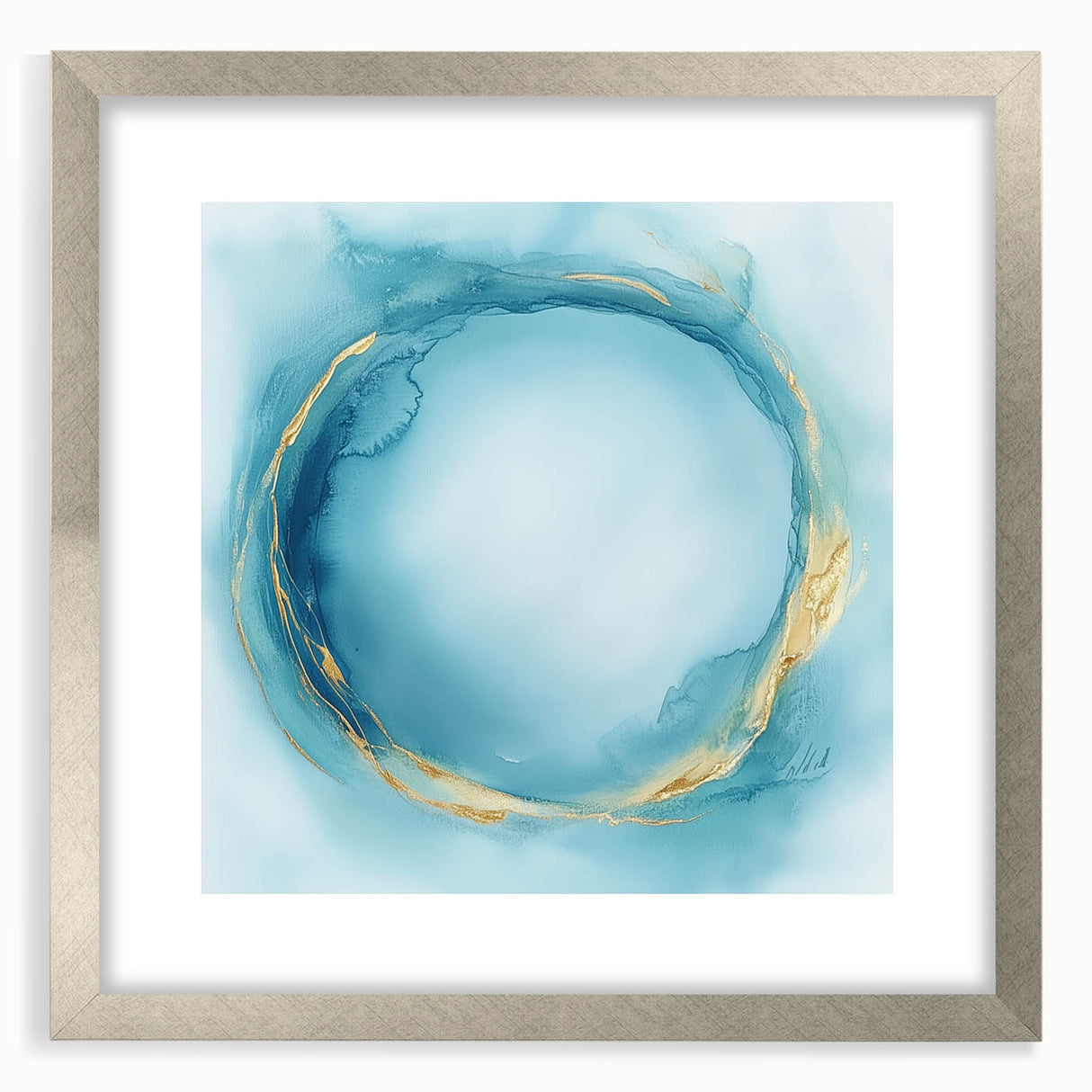 Fluid Art Paintings for Walls – Golden Aura in Turquoise & Blue