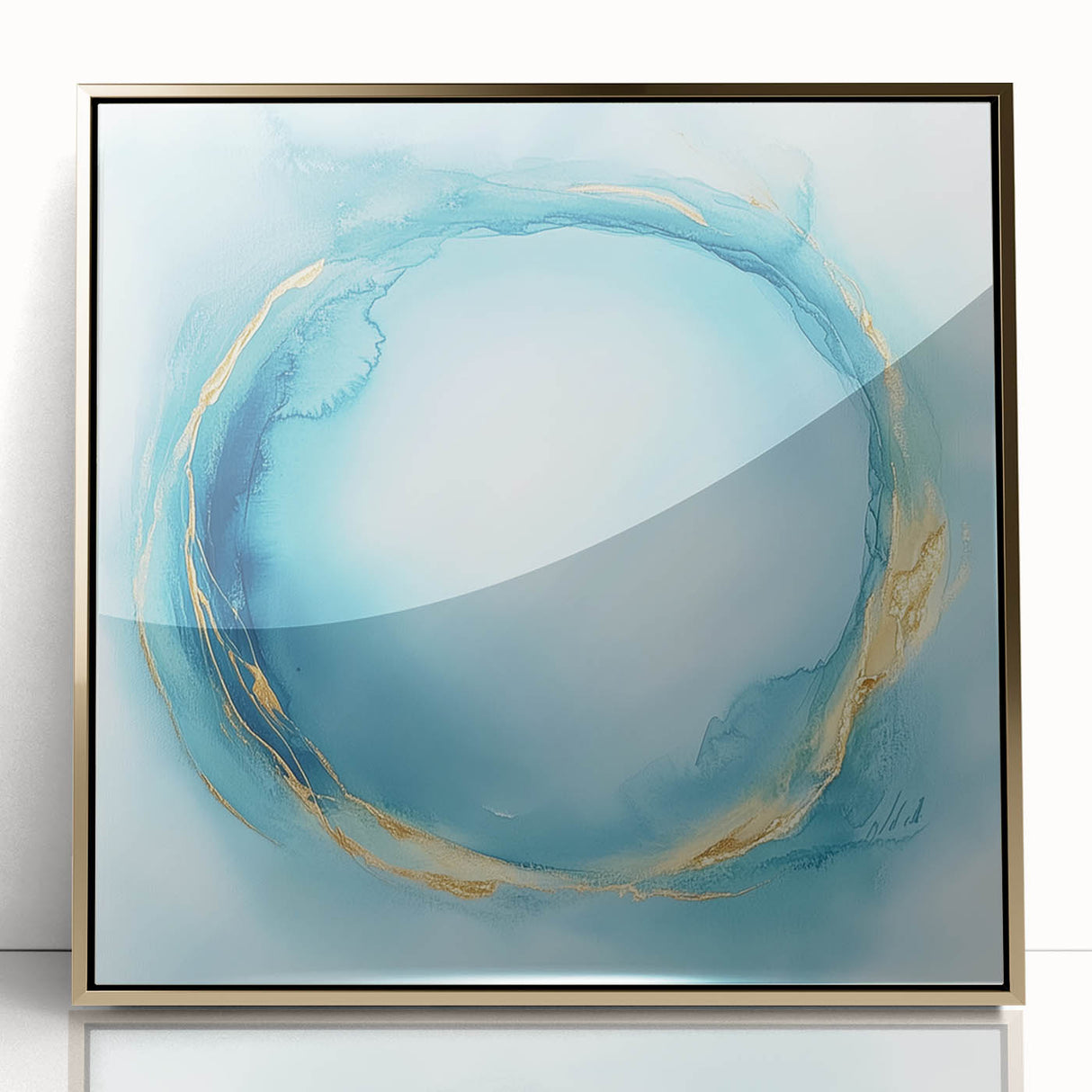 Fluid Art Paintings for Walls – Golden Aura in Turquoise & Blue