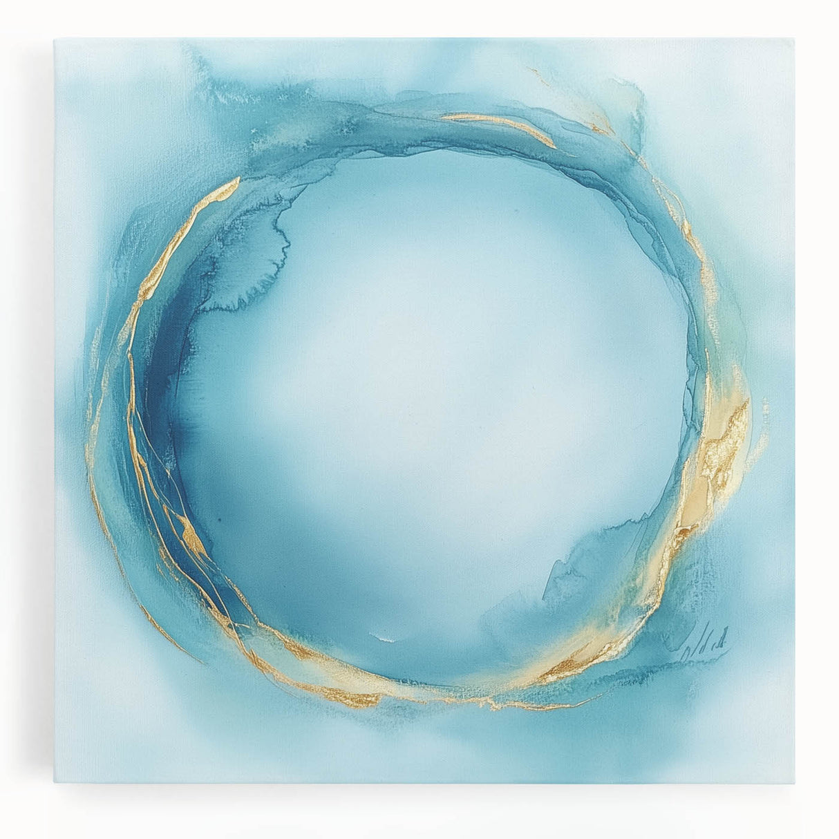 Fluid Art Paintings for Walls – Golden Aura in Turquoise & Blue