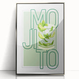 Large art print of mid-century modernist food and drinks, in a silver framed acrylic, suitable for modern kitchen decor.