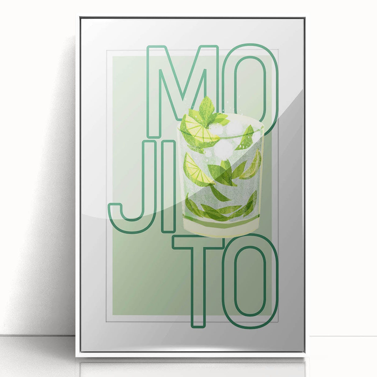 Mid-century modernist art depicting various fruits in vibrant colors on a white acrylic framed poster.
