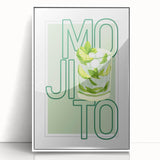 Mid-century modernist art depicting various fruits in vibrant colors on a white acrylic framed poster.