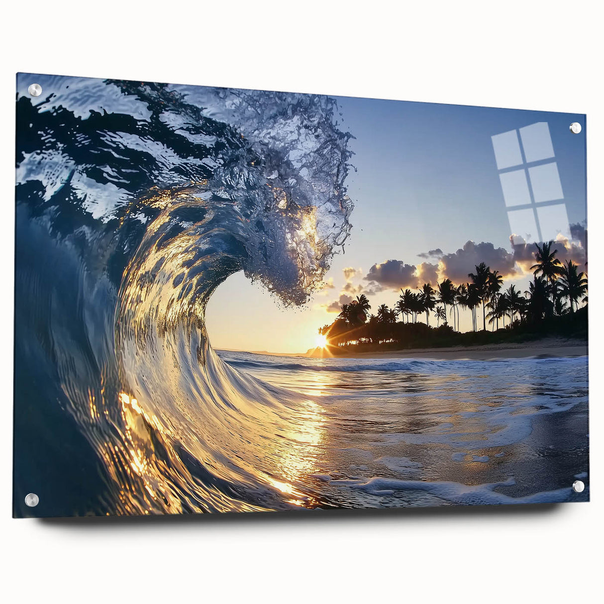 Acrylic glass landscape artwork depicting serene beaches, shown from a side view with decorative pins. Ideal for enhancing coastal-themed interiors.