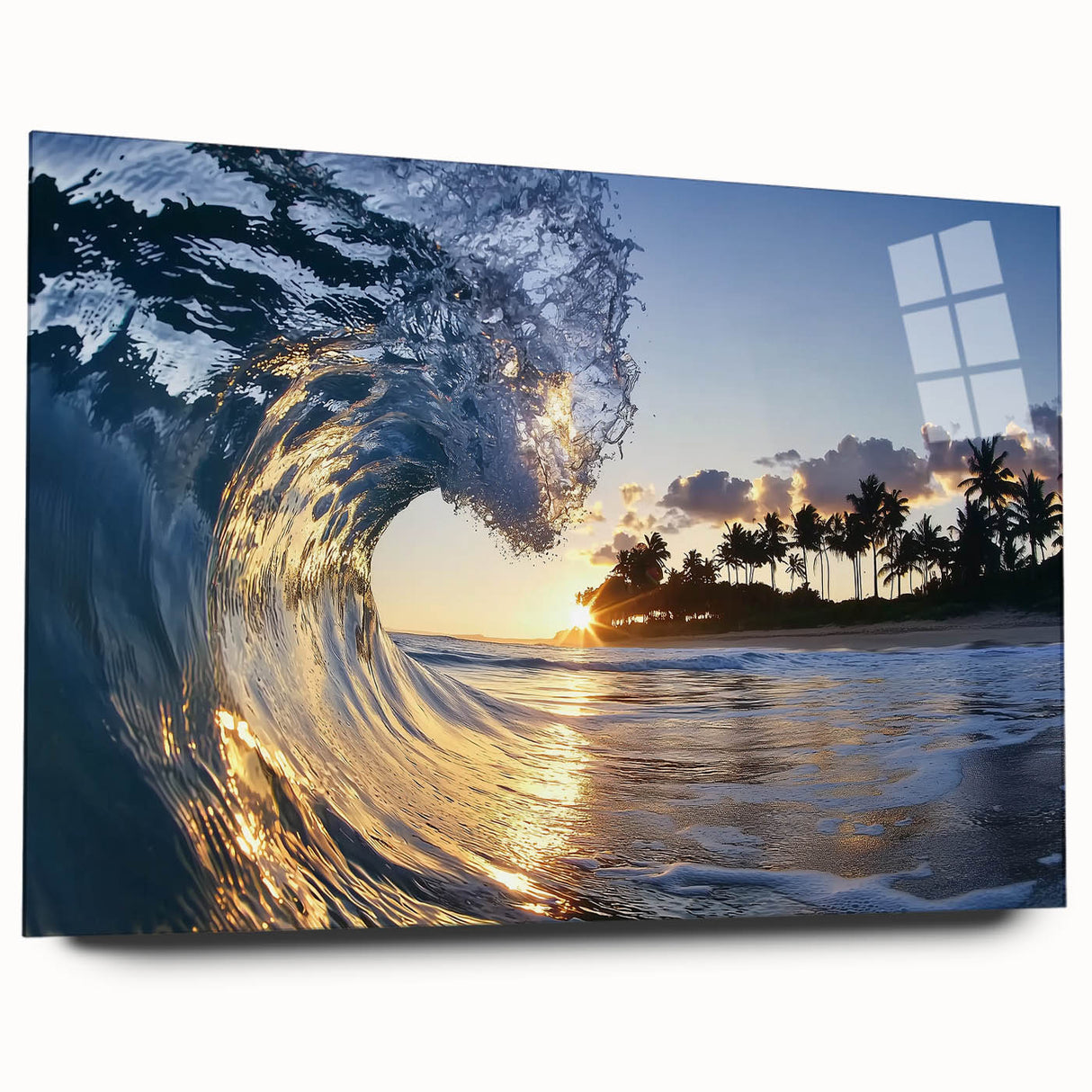 Landscape acrylic artwork depicting a serene beach scene with vibrant colors, viewed from the side showcasing its glossy finish and depth. Perfect for coastal decor.