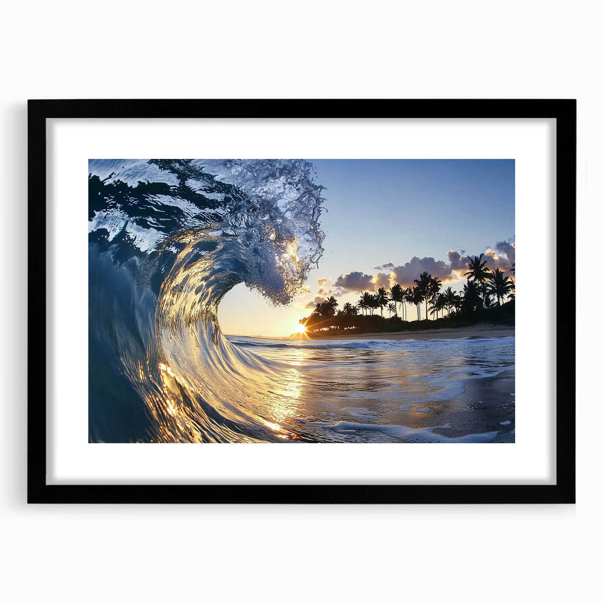 Black-framed landscape artwork featuring serene beach scene with soft waves and distant palm trees, ideal for coastal-themed home decor or beach house aesthetics.