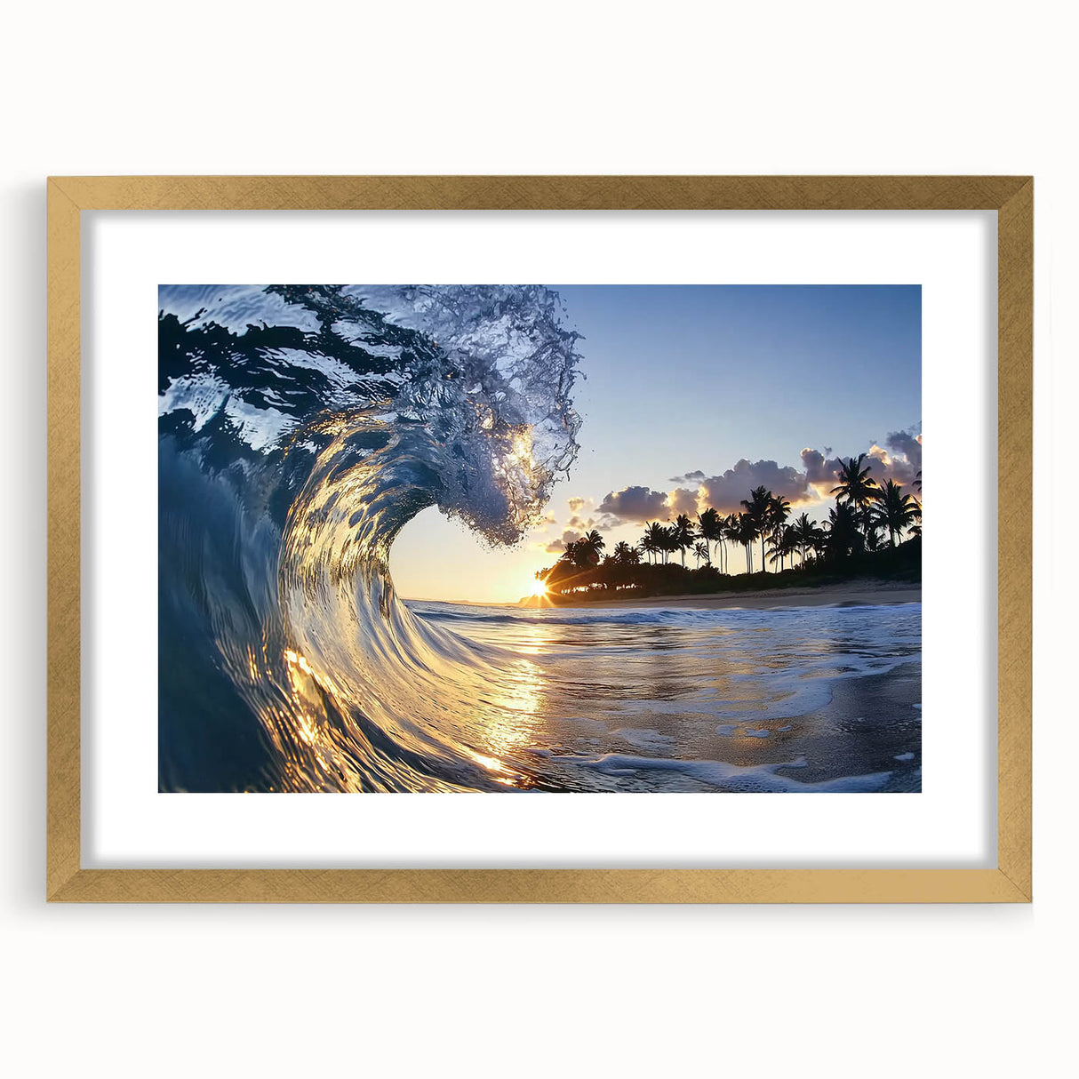 Elegant landscape artwork depicting serene beaches, framed in a gold mat and frame, ideal for enhancing home decor with a touch of coastal charm.