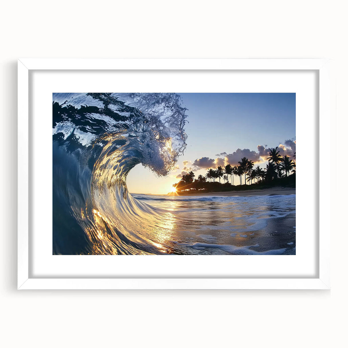 Landscape artwork featuring serene beach scene framed in white with a mat, showcasing soft blue skies and gentle waves, ideal for coastal home decor.