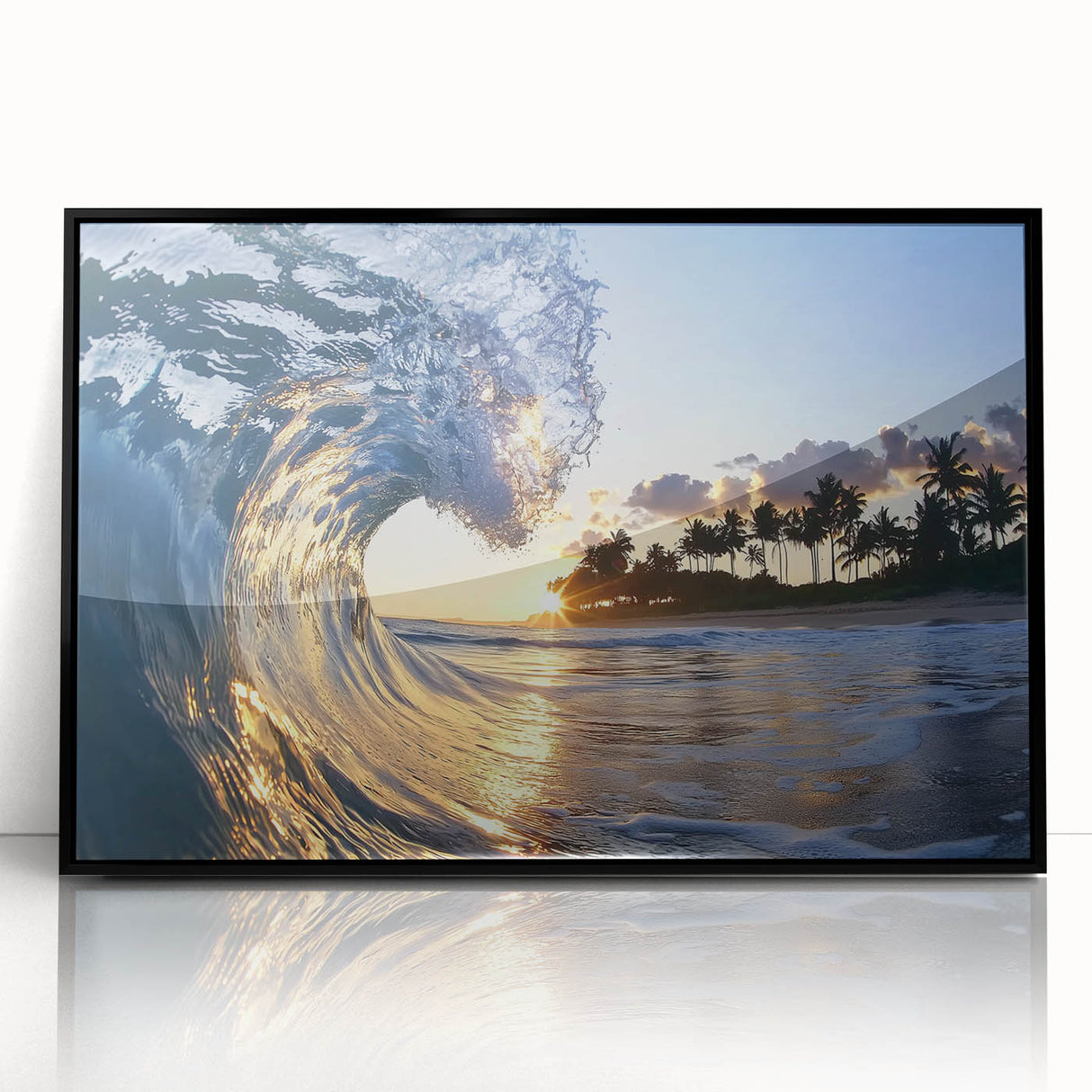 Framed acrylic artwork of a serene beach landscape, featuring vibrant blue skies and golden sands, showcased in a sleek black frame for modern decor.