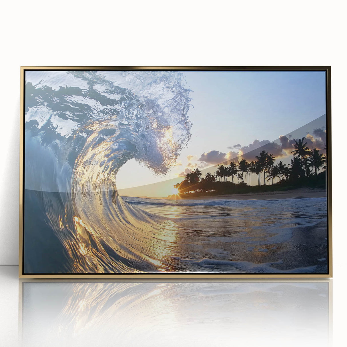 Framed acrylic artwork showcasing a serene beach landscape with golden hues, perfect for home decor. Ideal for adding a touch of elegance to any room.