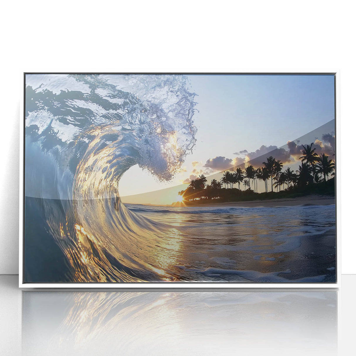 Framed acrylic landscape artwork showcasing a serene beach scene with vibrant colors, set against a sleek white frame, ideal for home decor and coastal themes.