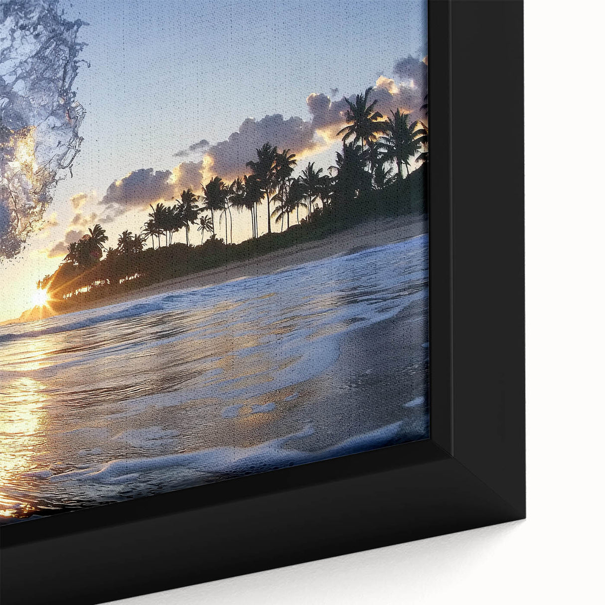 Close-up of a framed landscape canvas depicting serene beaches with soft waves lapping at the shore, showcasing vibrant blue skies and sandy hues, perfect for coastal home decor.