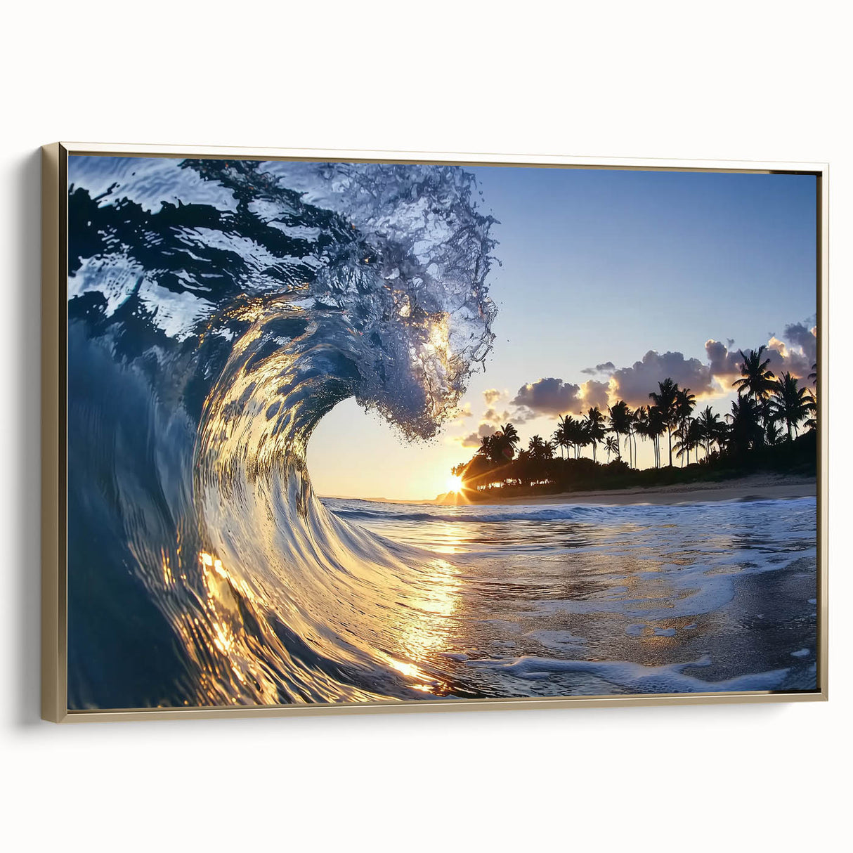 Framed landscape canvas artwork depicting a serene beach scene with golden accents, showcasing vibrant colors and intricate details, ideal for home decor.