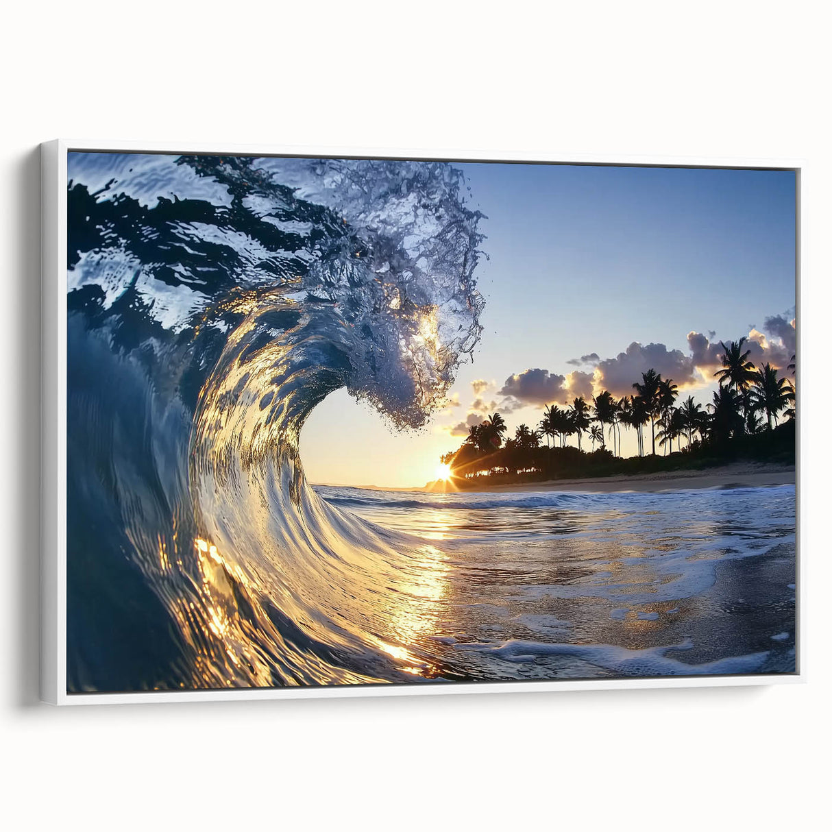 Framed landscape canvas depicting a serene beach scene with soft waves and blue skies, showcasing a white frame that enhances the coastal aesthetic. Ideal for home decor.