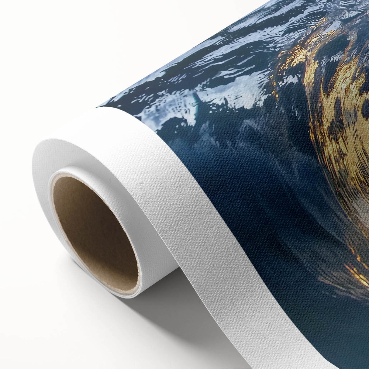 Rolled canvas print showcasing a vibrant beach landscape design, featuring blue skies, golden sand, and serene waves, elegantly packaged in protective cardboard.